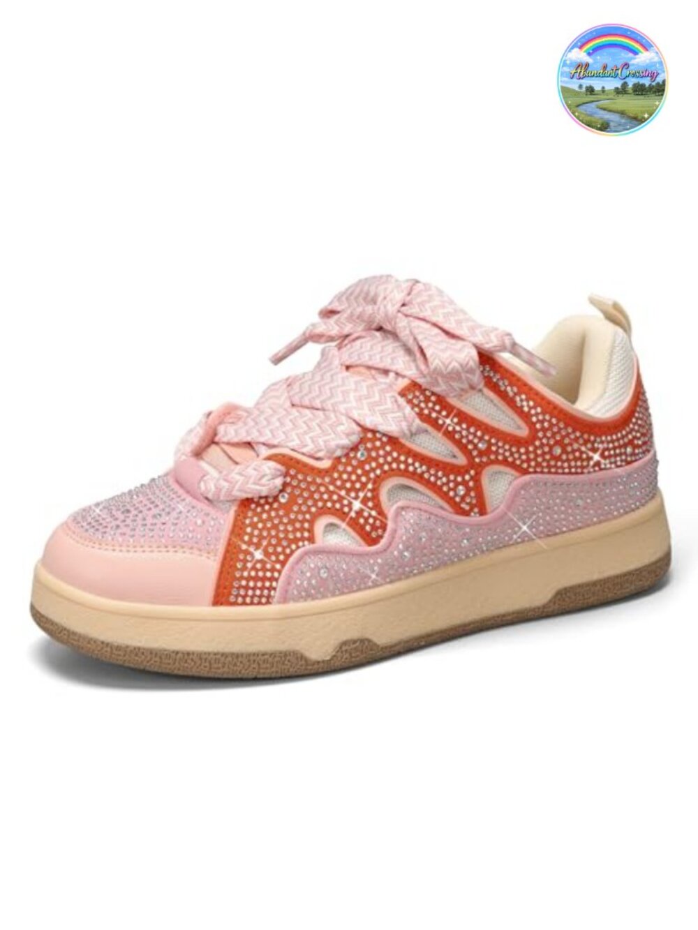 LUCKY STEP Women Rhinestone Sparkle Sneakers Walking Athletic Shoes Lace-Up